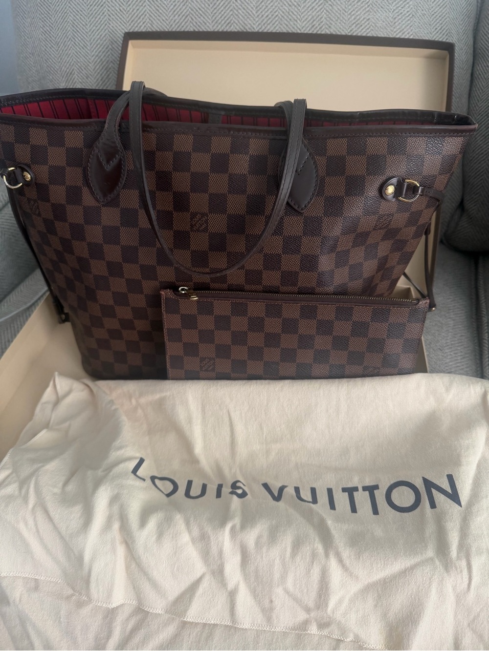Louis Vuitton Damier Ebene Tote with Red Lining